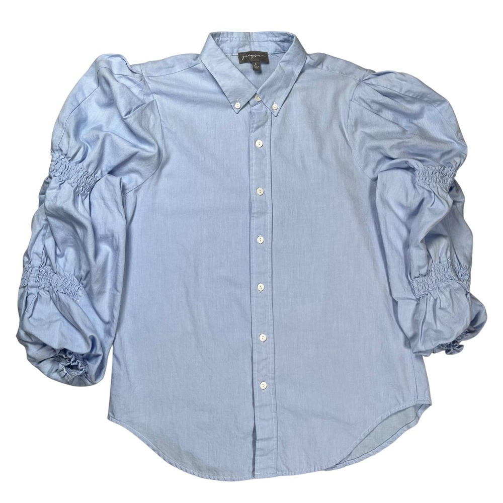 Greyson Button Down Shirt Women Large Blue Puff Smocked Sleeve Cotton Top Office